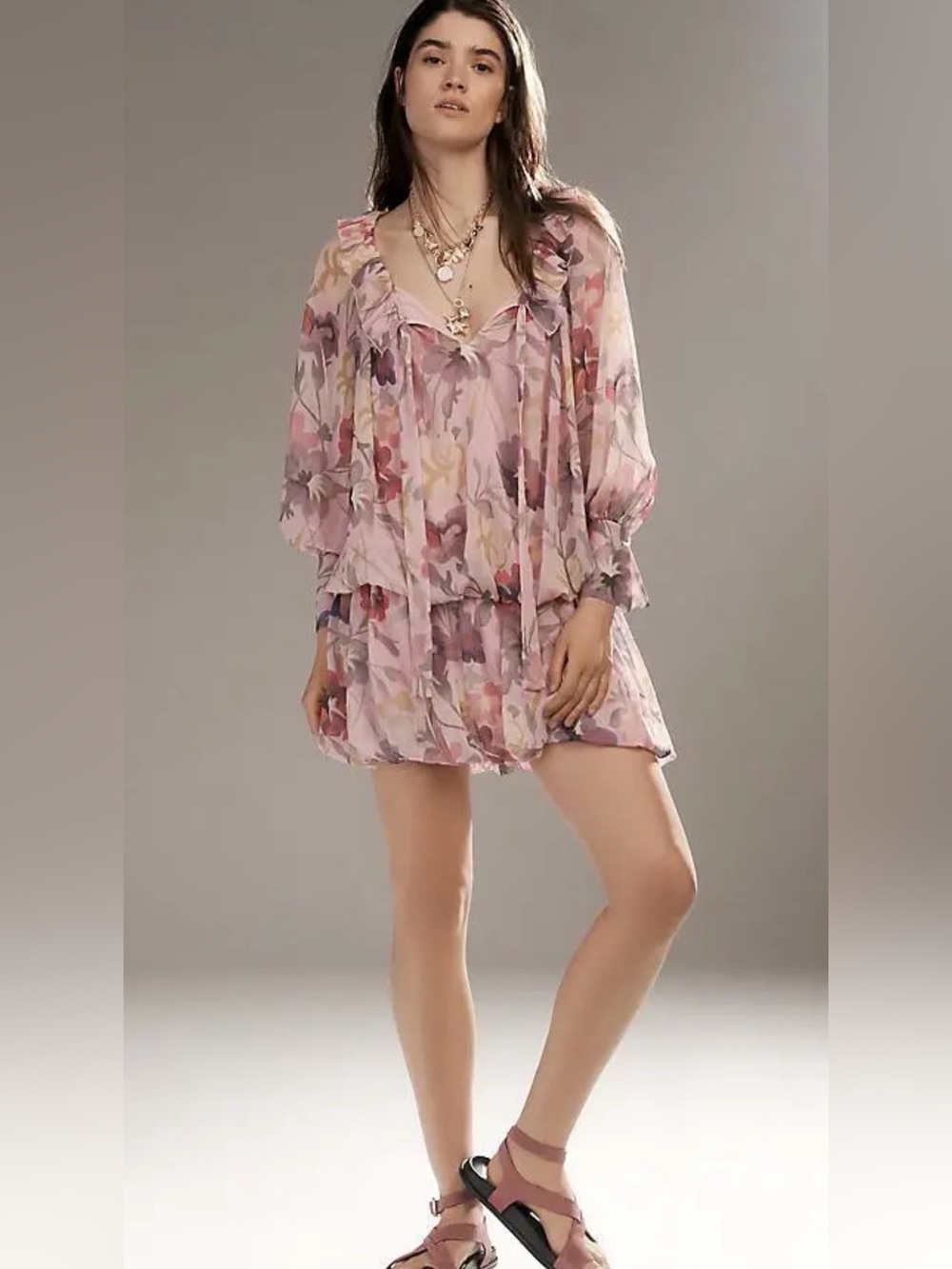 Anthropologie Mare Mare Pink Floral Chiffon Ruffle V-Neck Mini Dress